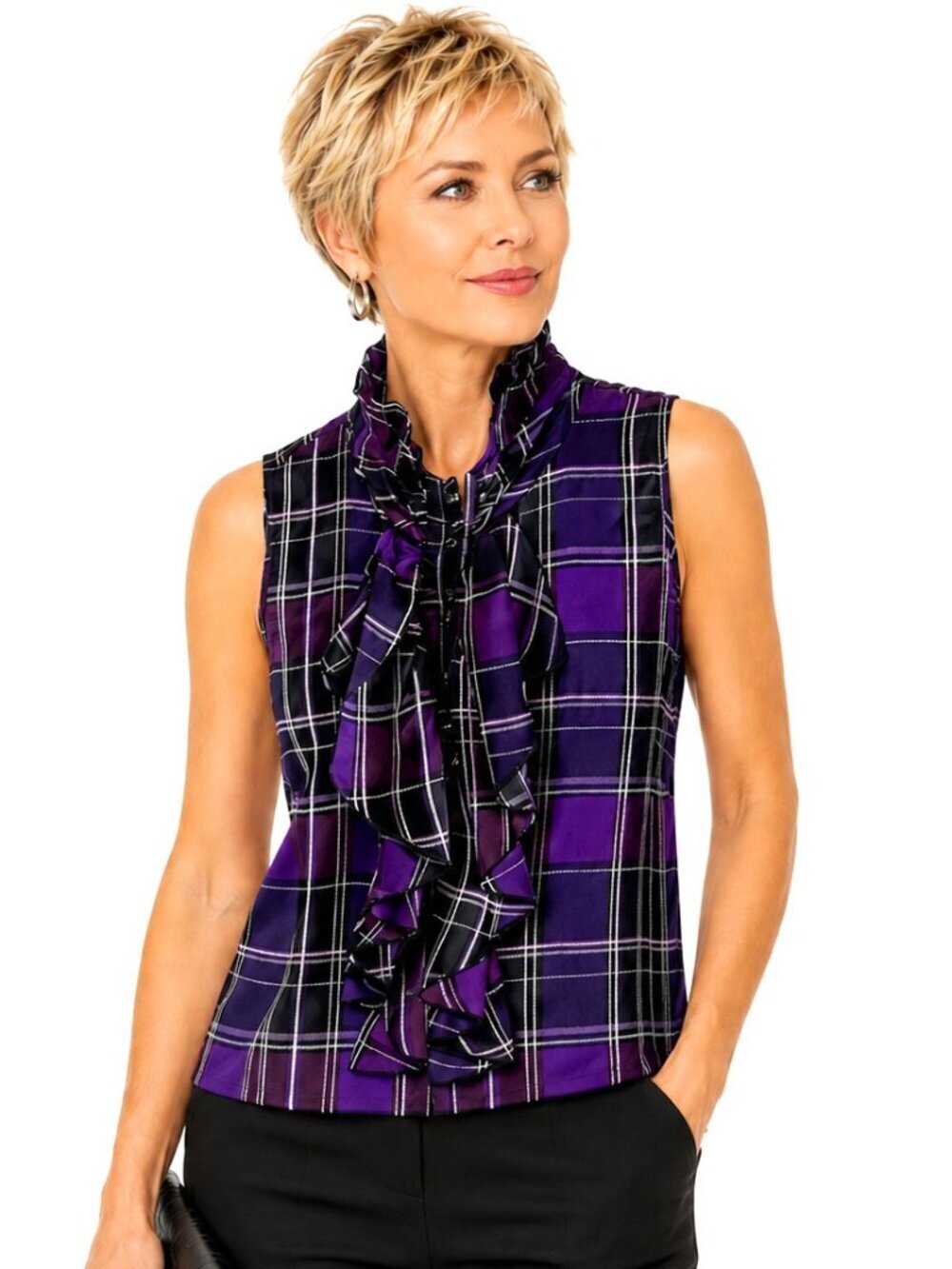 Eci New York Purple Silk Plaid Ruffled Sleeveless Top